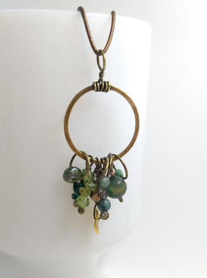 Brass & Shades of Green Charm Necklace