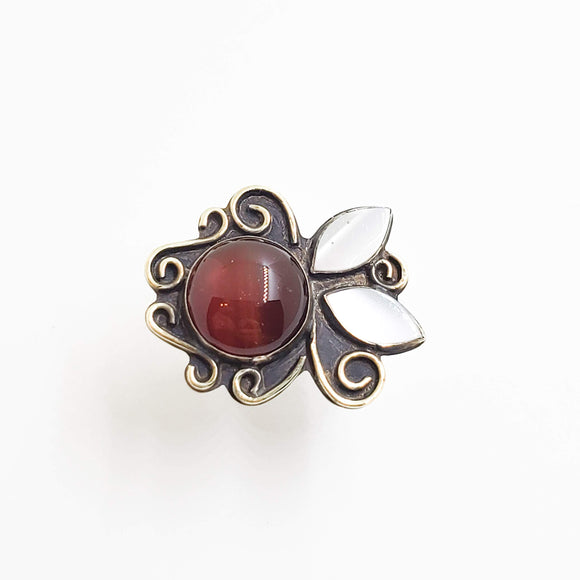 Red Agate and Mother of Pearl Floral Statement Ring