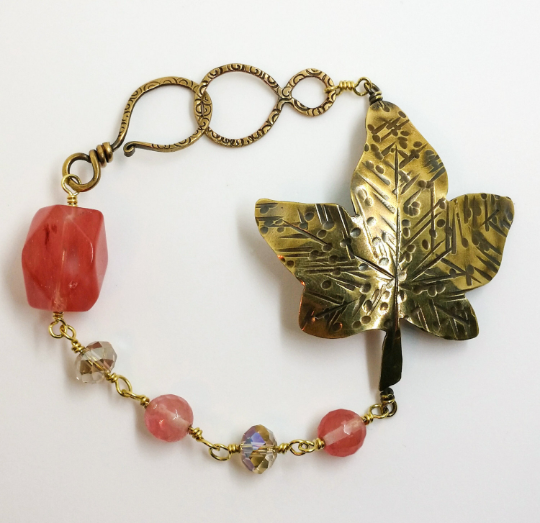 Brass & Rose Quartz Ivy Leaf Bracelet